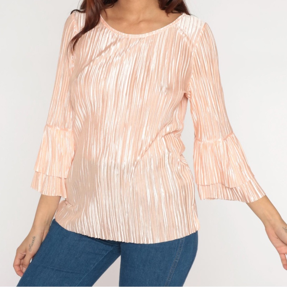 Pink Pleated Blouse Shimmer Fabric Long Sleeve